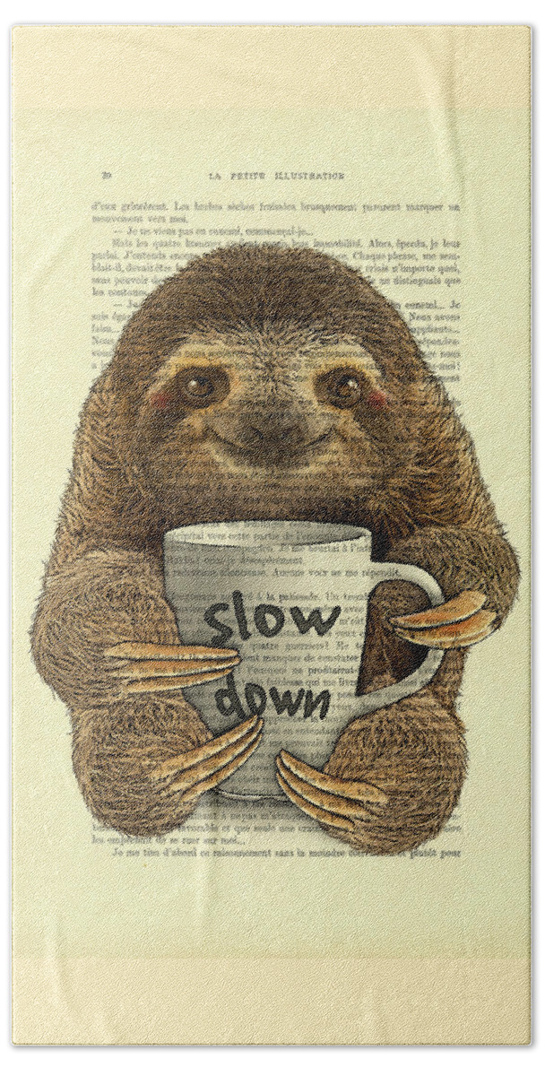Sloth Beach Towel featuring the digital art Cute baby sloth with coffee mug Slow down quote by Madame Memento