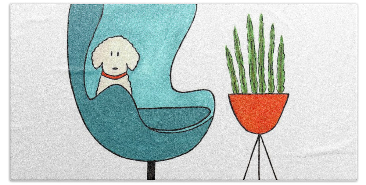 Arne Jacobsen Egg Chair Beach Towel featuring the painting Cute Dog in Teal Arne Jacobsen Chair by Donna Mibus