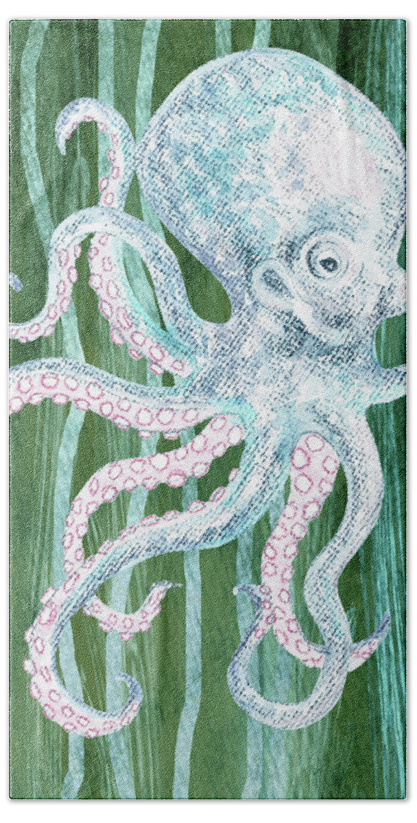 Octopus Beach Towel featuring the painting Cute Watercolor Octopus In Green Seaweed Wave Beach Art by Irina Sztukowski