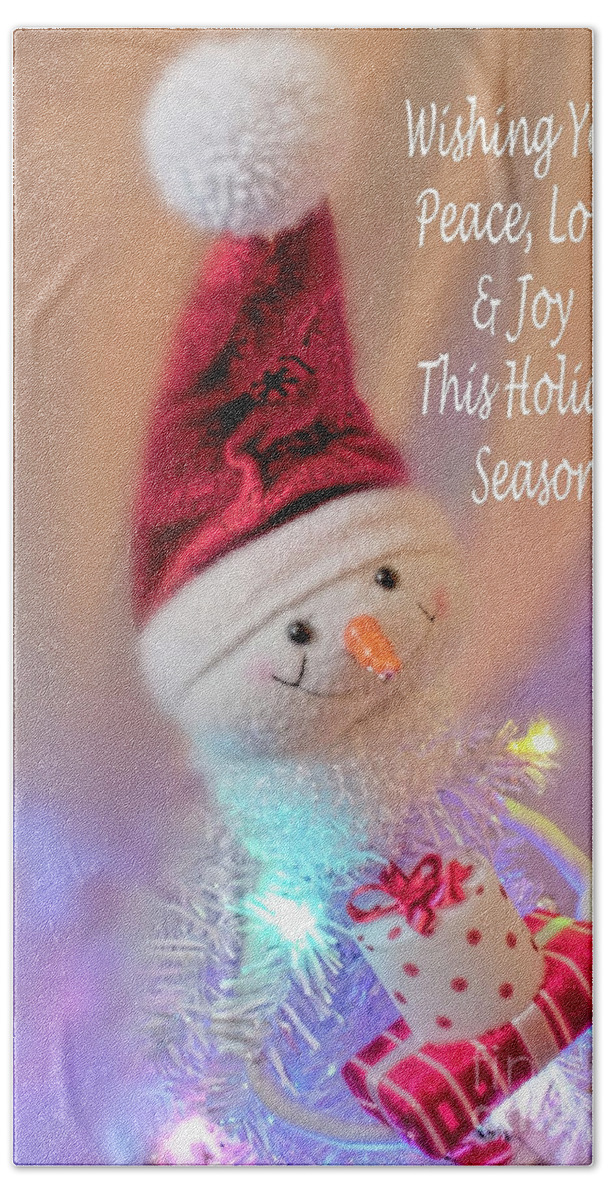 Christmas Beach Sheet featuring the photograph Cutest Snowman Christmas Card by Janie Johnson