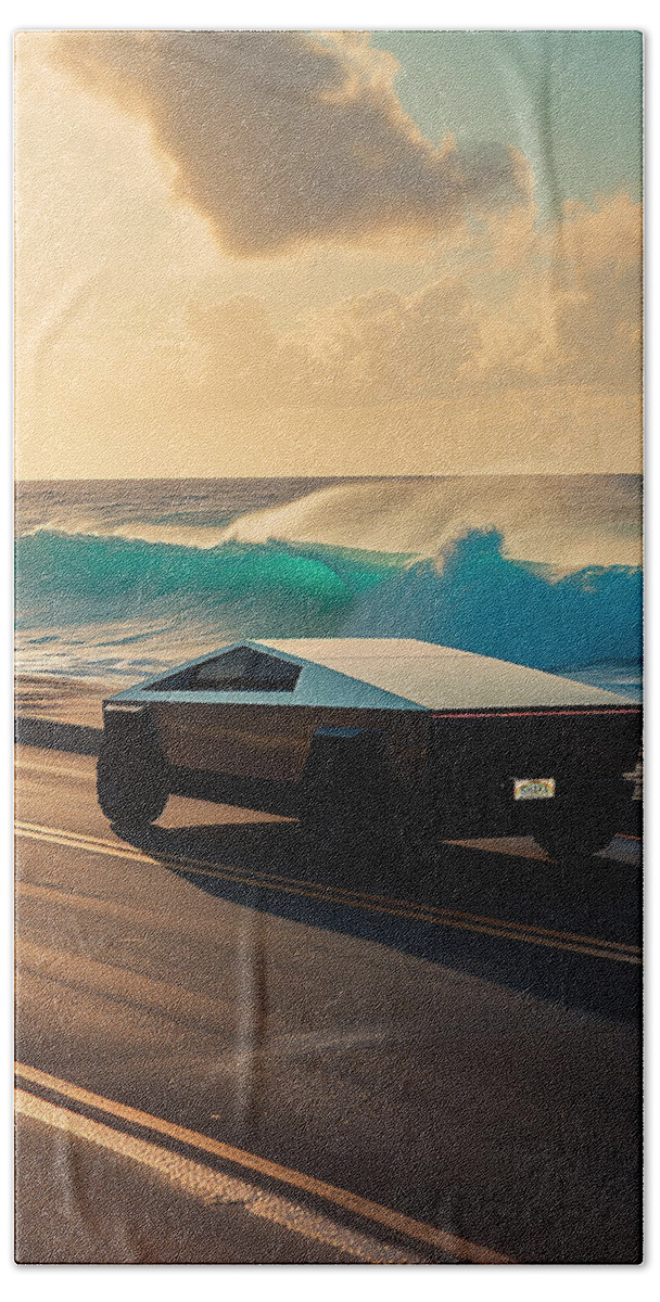 Tesla Beach Towel featuring the photograph Cybertruck Shaka by Brad Scott