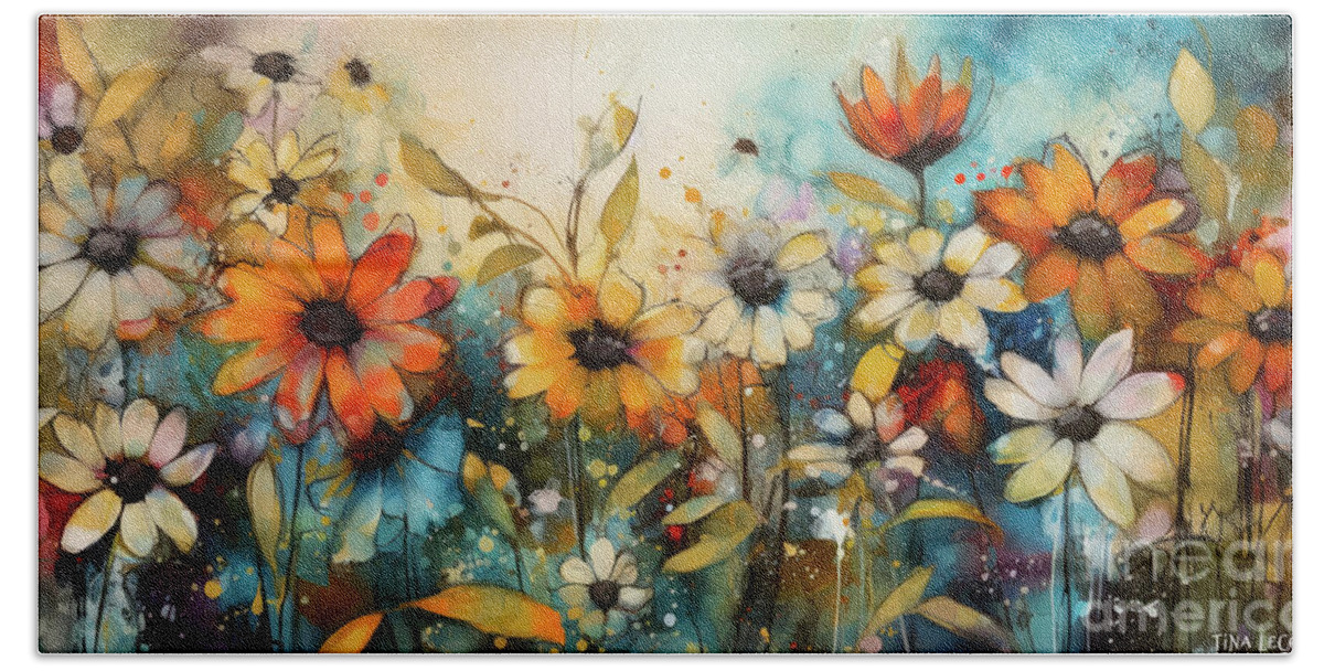Daisy Flowers Beach Towel featuring the painting Daisy Flower Garden by Tina LeCour