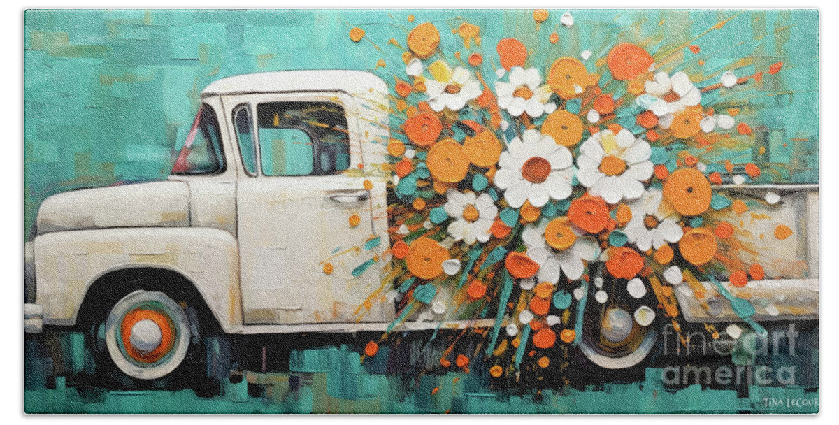 White Truck Beach Towel featuring the painting Daisy Pickup Truck by Tina LeCour