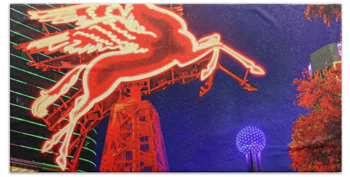 Dallas Pegasus Beach Towel featuring the photograph Dallas Flying Red Pegasus and Reunion Tower at Dusk by Gregory Ballos