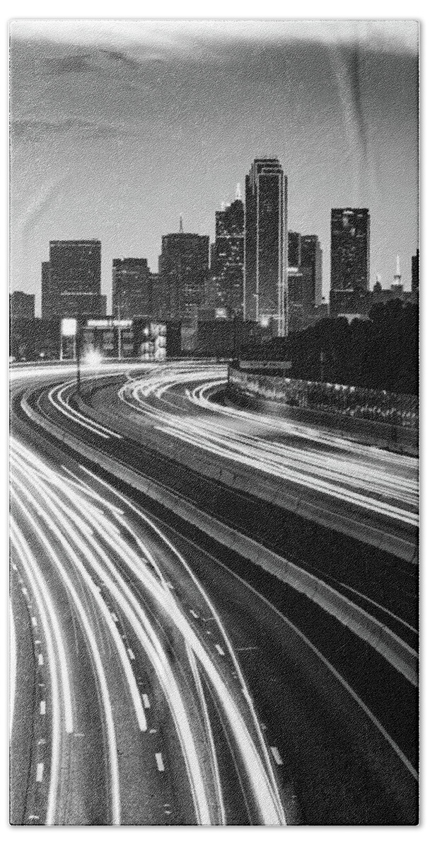 Dallas Texas Beach Towel featuring the photograph Dallas Texas Skyscrapers and Light Trails - Black and White by Gregory Ballos