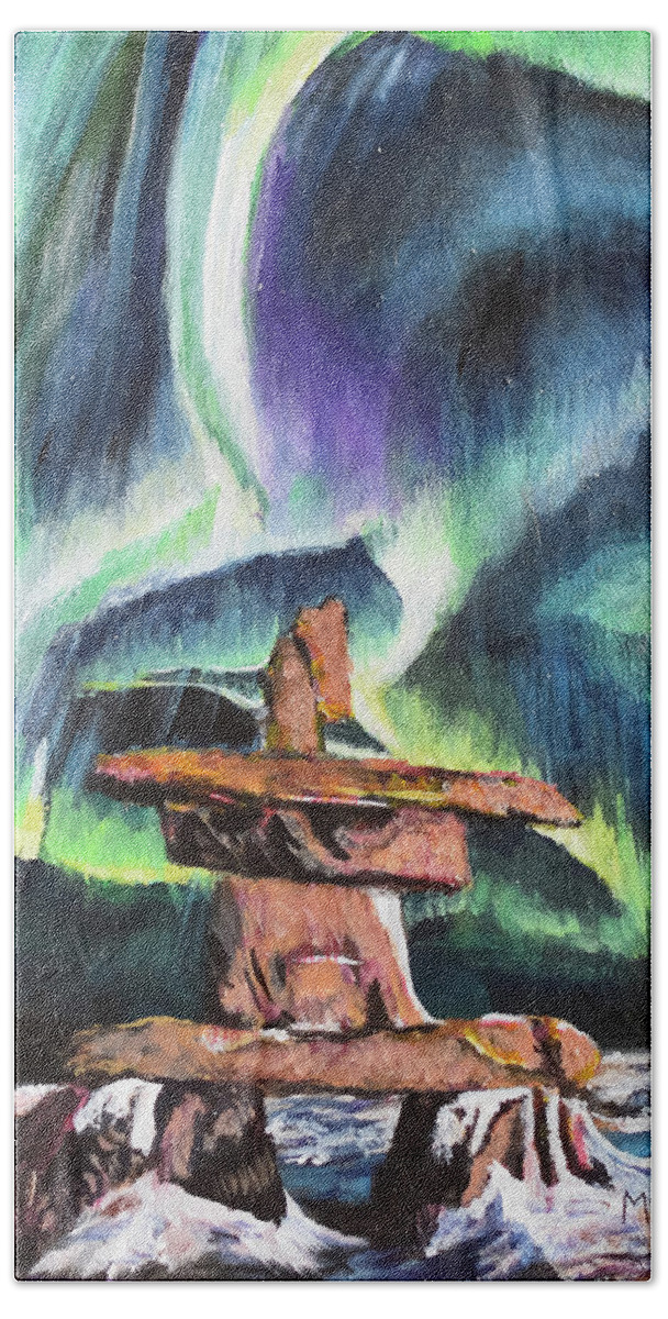 Inukshuk Beach Towel featuring the painting Dancing Lights - Churchill by Marilyn McNish