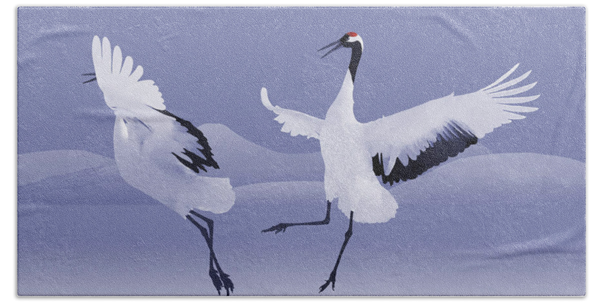 Bird Beach Towel featuring the mixed media Dancing Red-crowned Cranes by M Spadecaller