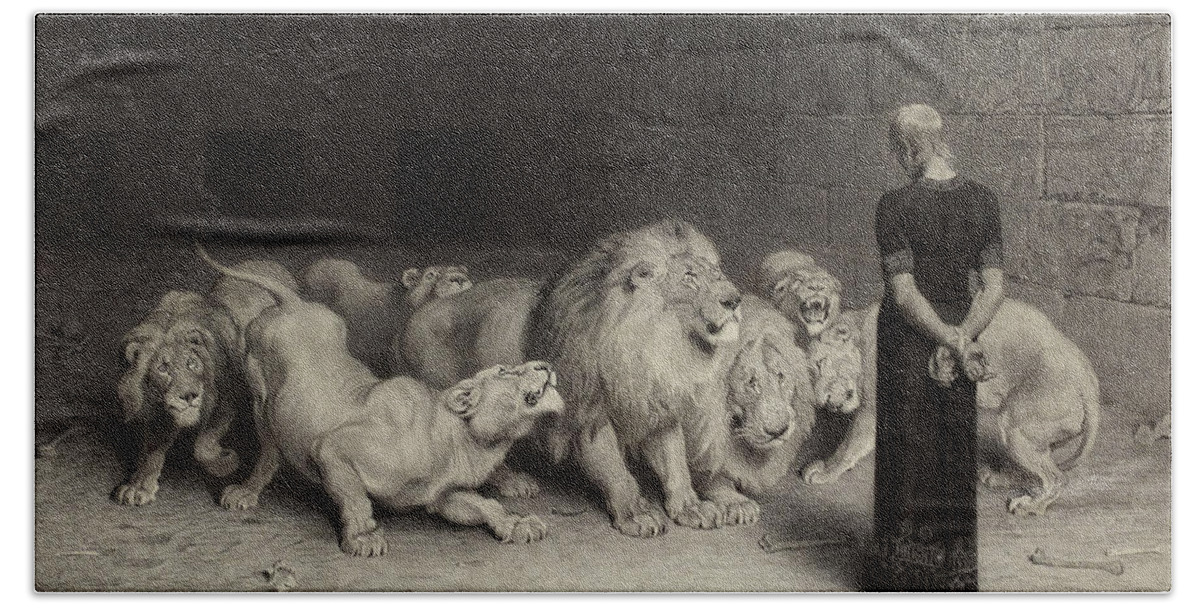 Briton Riviere Beach Towel featuring the painting Daniel in the Lions' Den, 1875 by Briton Riviere