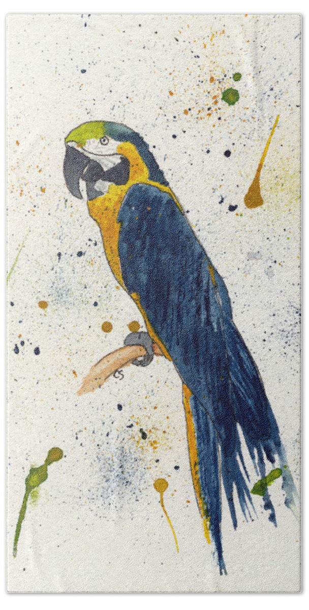 Parrot Beach Towel featuring the mixed media Dark Blue and Gold Macaw by Conni Schaftenaar