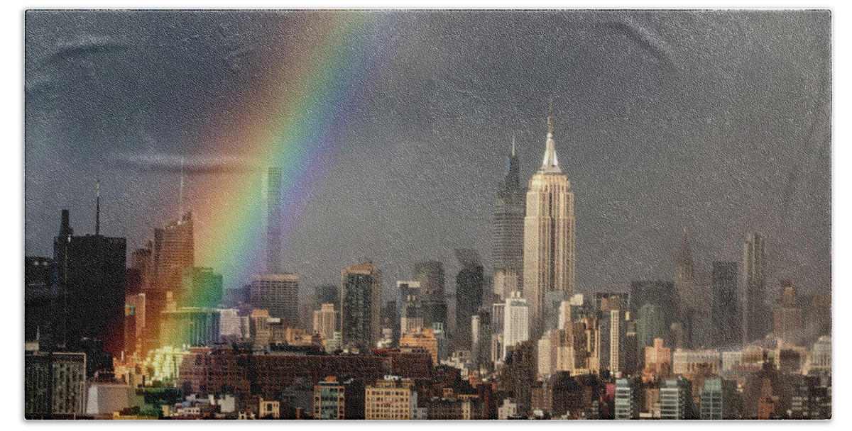 Dramatic Beach Towel featuring the photograph Darkness and Rainbow over Midtown Manhattan by Alina Oswald