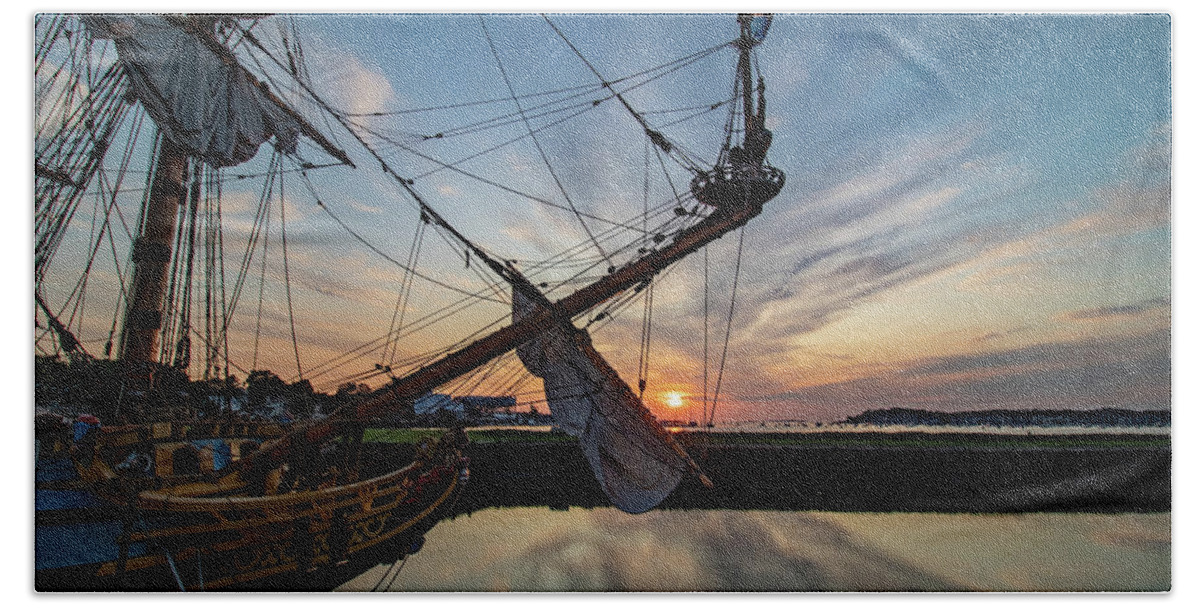 Dawn Through Kalmar Nyckel Rigging Beach Towel featuring the photograph Dawn through Kalmar Nyckel Rigging by Jeff Folger