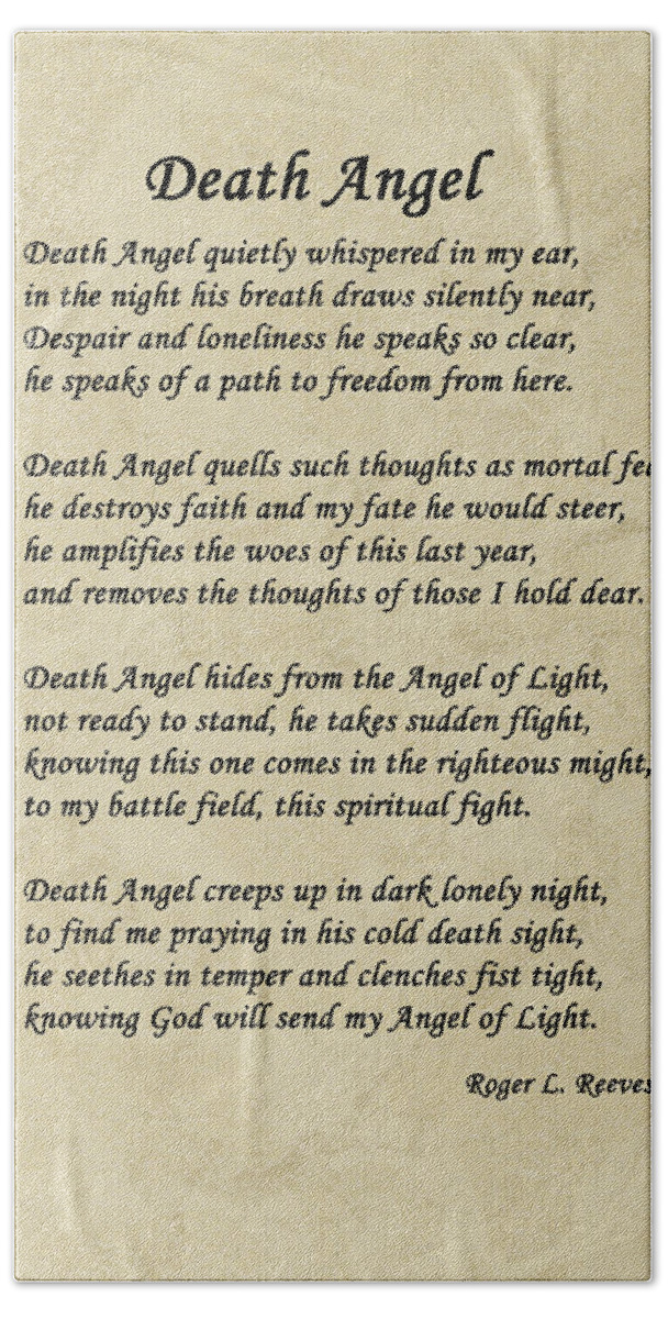 Poem Beach Towel featuring the photograph Death Angel by Tikvah's Hope