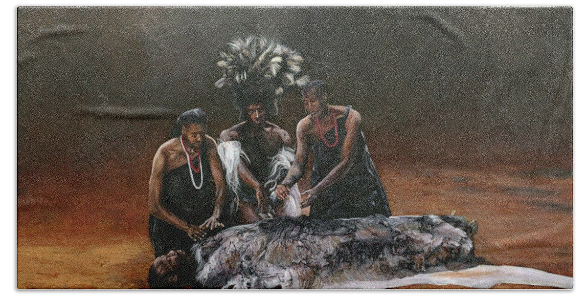African Art Beach Towel featuring the painting Death of Nandi by Ronnie Moyo
