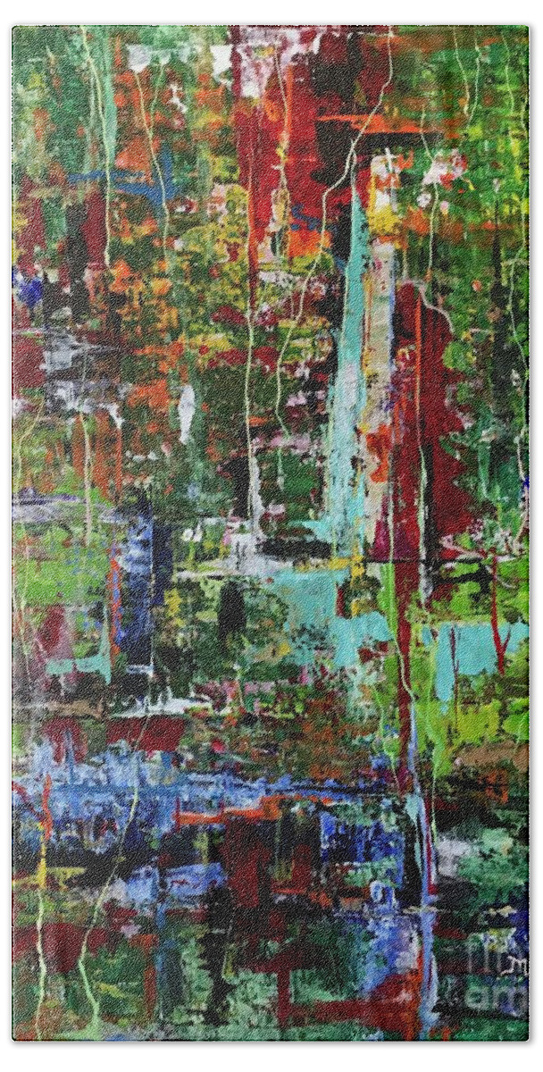 Abstract Painting Beach Towel featuring the painting Deep in the forest by Maria Karlosak