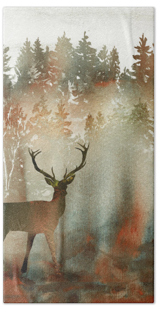 Deer Beach Towel featuring the painting Deer Buck In Fall Forest Watercolor Silhouette by Irina Sztukowski