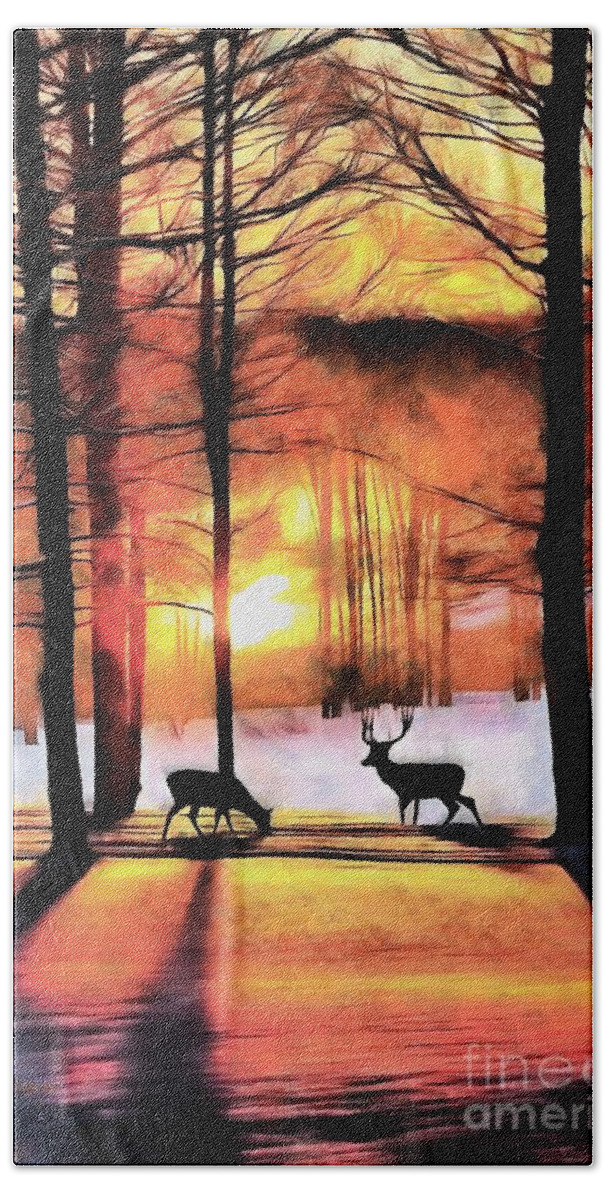 Sunrise Beach Towel featuring the digital art Deer Winter Morning by Yorgos Daskalakis