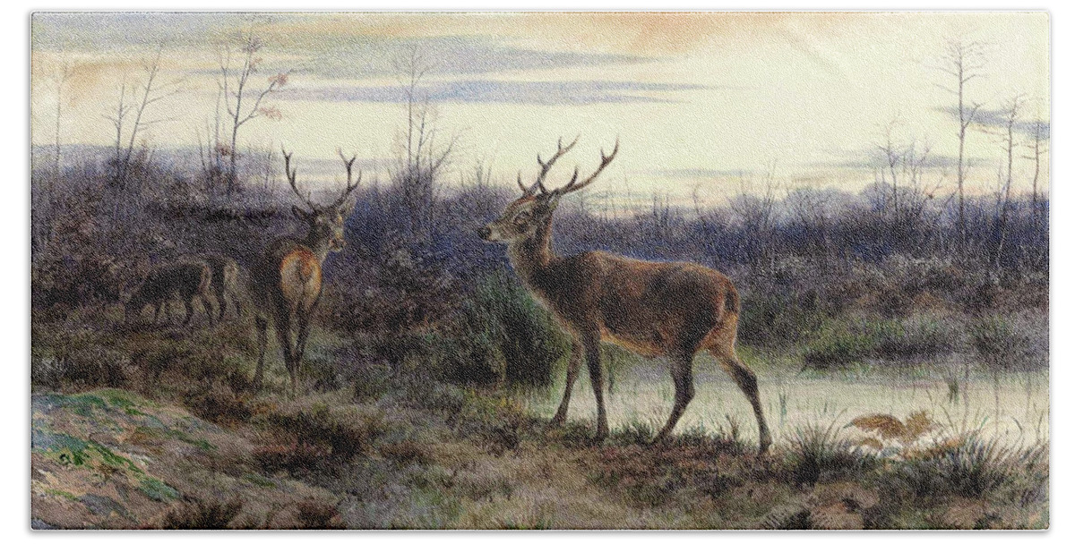 Deers In The Forest At Fontainebleau Beach Towel featuring the painting Deers in the forest at Fontainebleau - Digital Remastered Edition by Rosa Bonheur