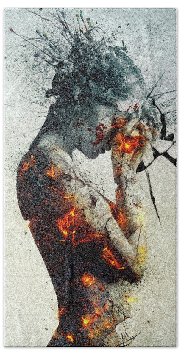 Deliberation Surreal Decision Burning Statue Sad Falling Breaking Statue Going Down Crying Fire Shattered Gothic Heartbreak Breakup Sadness Lonely Alone Burning Nightmare Fragile Cracked Exploding Head Wasted Tired Wisdom Love Heartbroken Loveless Empty Girl Thinking Destroyed Defeated Sadness Emotional Portraiture Falling Dreaming Aftermath Artistic Nude Grunge Texture Mind Clarity Young Woman Photoshop Photomanipulation Breaking Down Emotional Beach Towel featuring the digital art Deliberation by Mario Sanchez Nevado