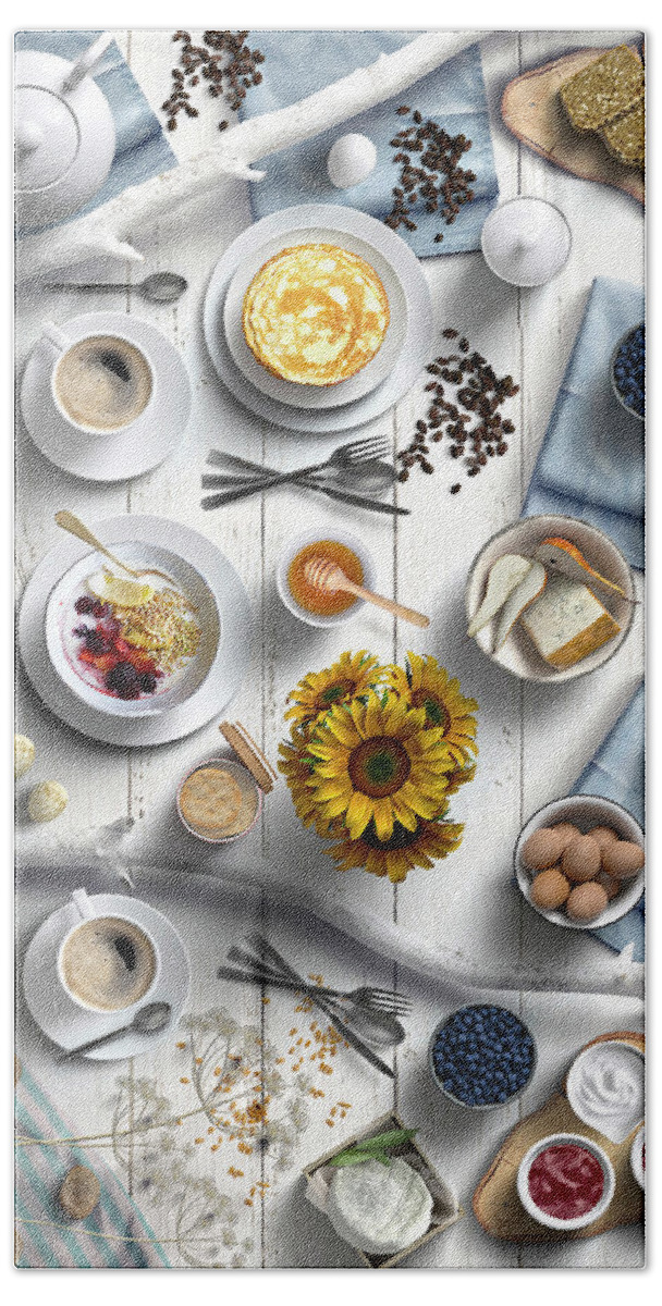 Breakfast Beach Towel featuring the photograph Delicious Summer Breakfast With Sunflowers by Johanna Hurmerinta