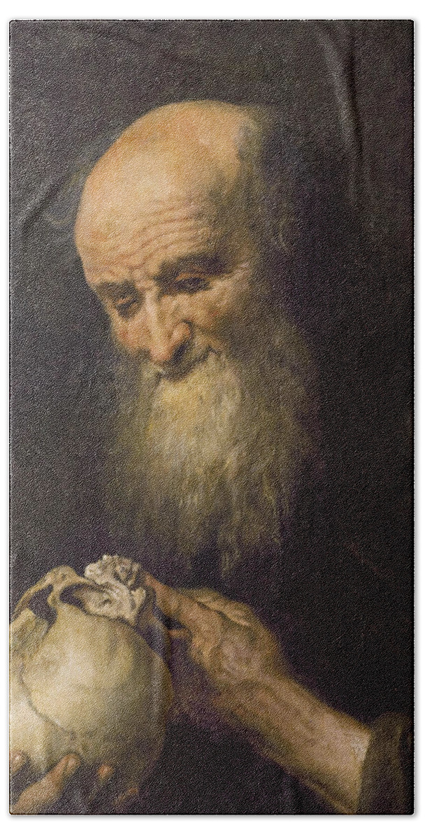 Circle Of Jan Cossiers Beach Towel featuring the painting Democritus with a skull by Circle of Jan Cossiers