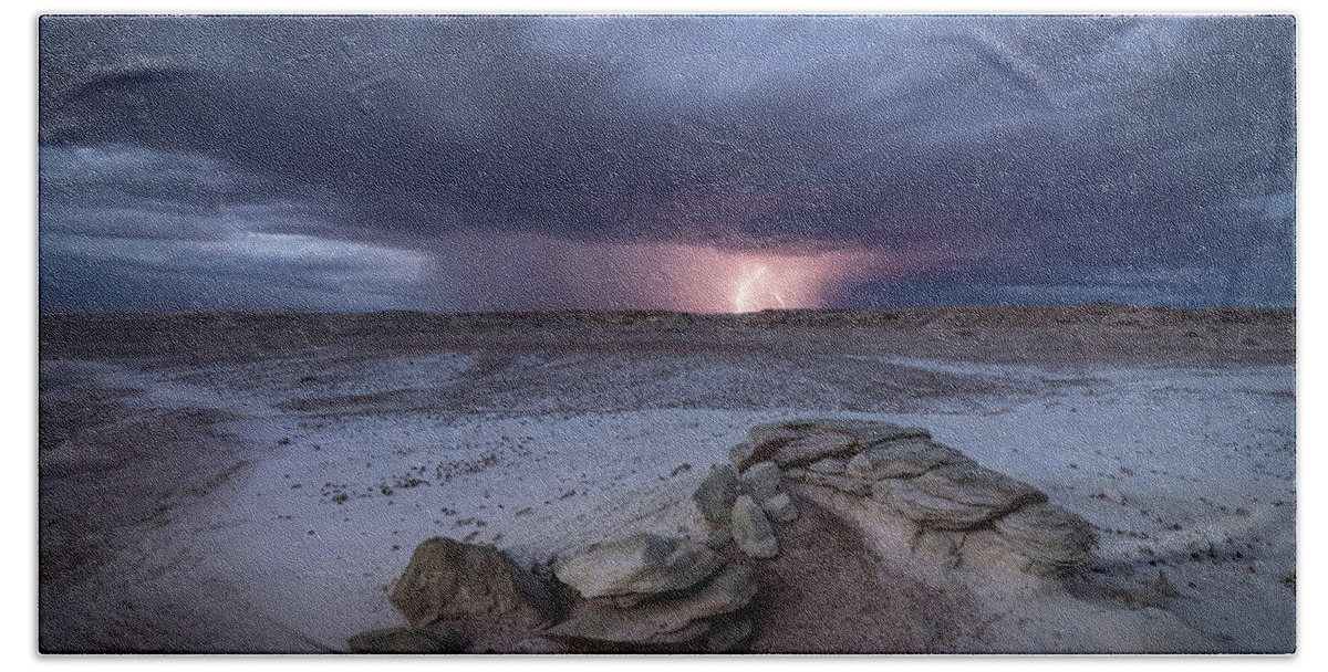 Storm Beach Towel featuring the photograph Desert Storm with Lightning by Wesley Aston