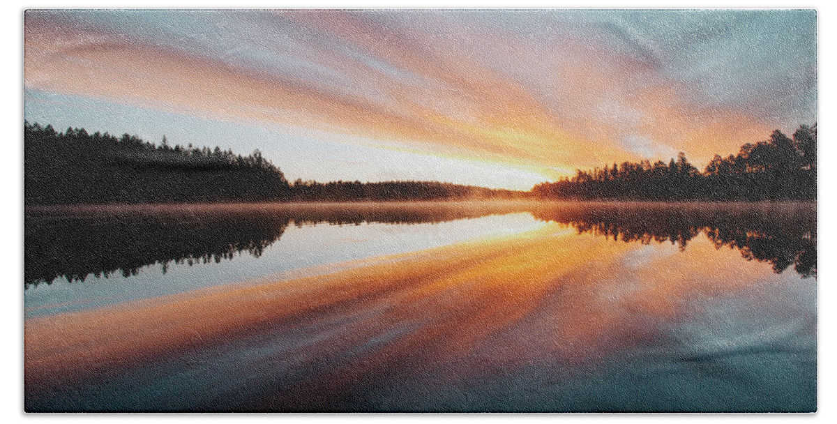Lake Jatkonjärvi Beach Towel featuring the photograph Devil show on a Finnish lake by Vaclav Sonnek