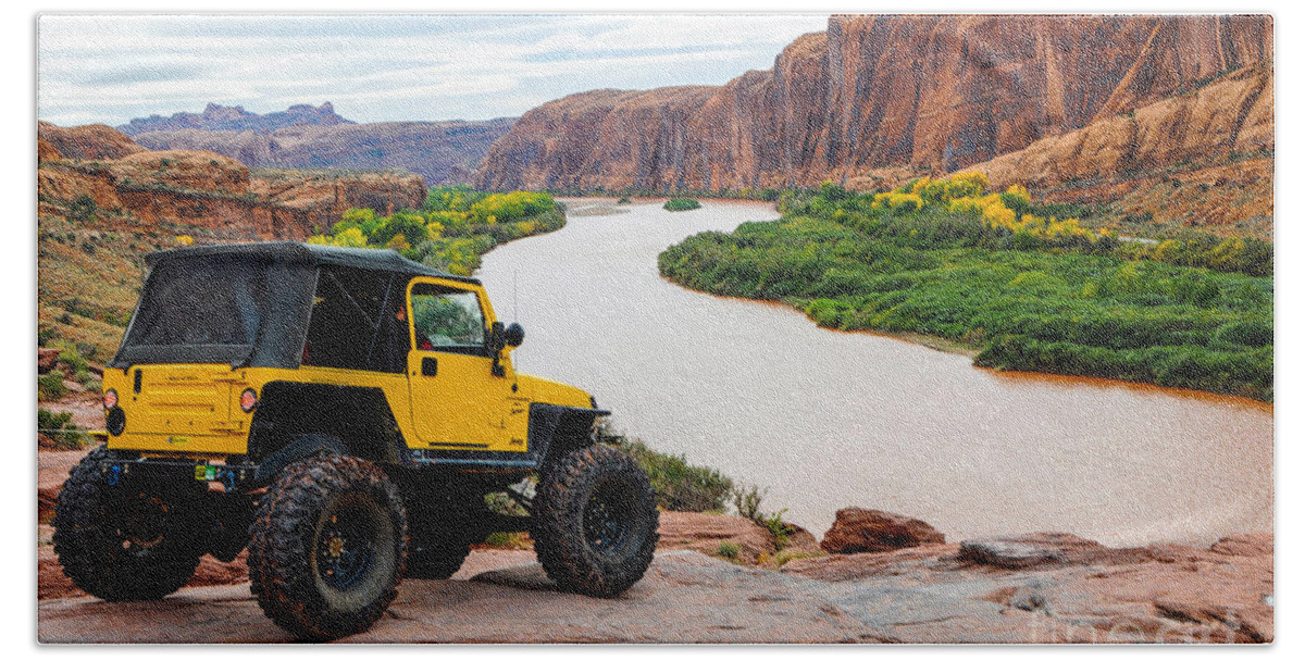 Jeep Beach Towel featuring the photograph Jeep Overlooking Colorado River - Moab Rim Trail - Utah by Gary Whitton