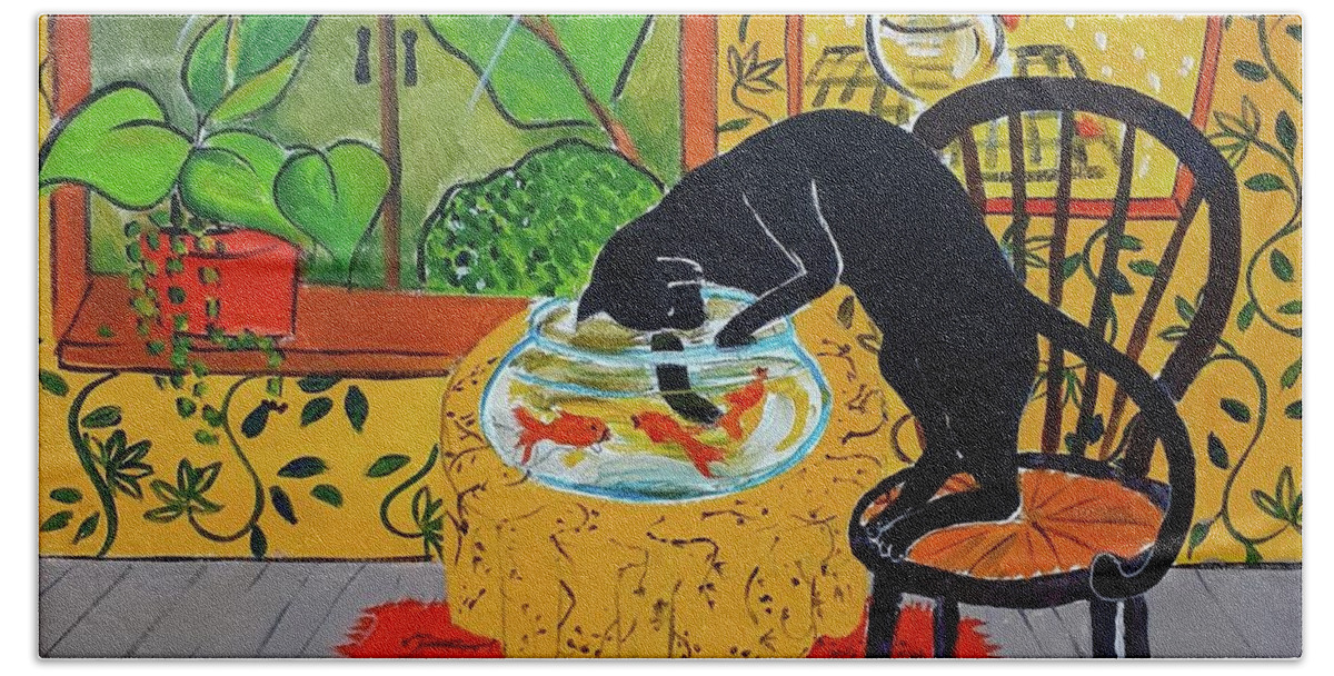 Black Cat Beach Towel featuring the painting Dinner Time by Almeta Lennon