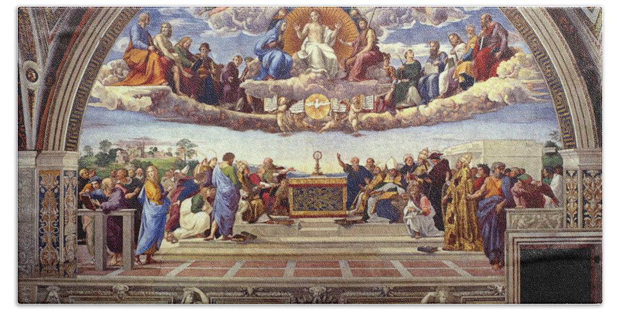 Raffaello Sanzio Beach Towel featuring the painting Disputation of the Holy Sacrament by Raphael