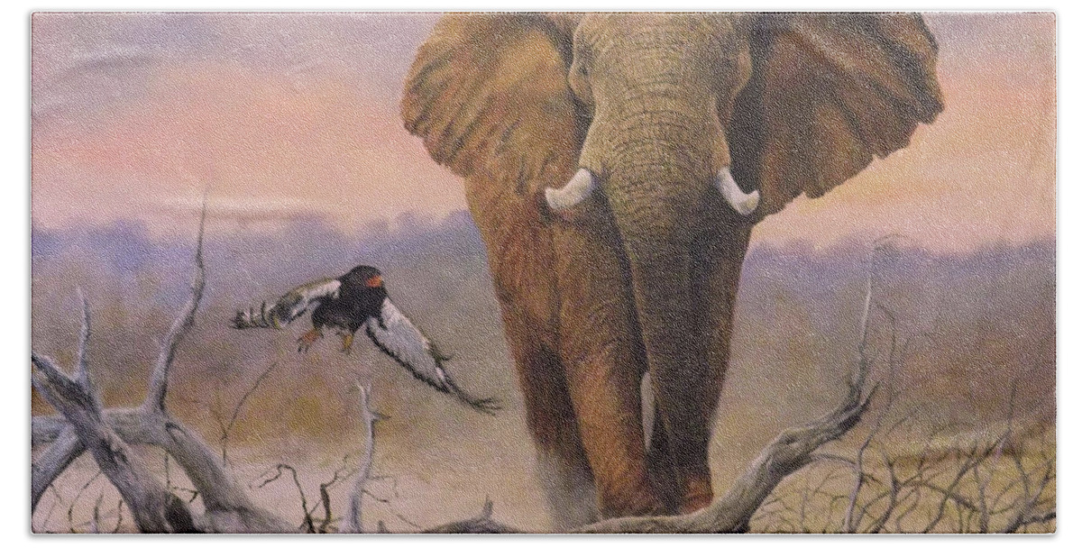 African Elephant. Tusks Beach Towel featuring the painting Disturbance by Barry BLAKE
