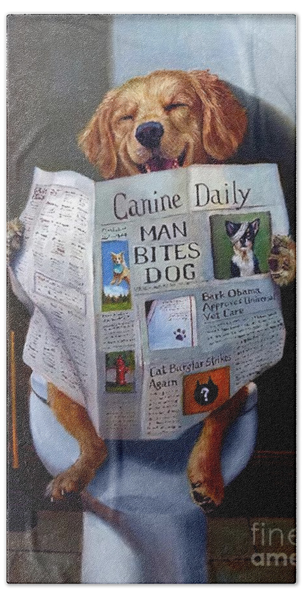  Happy Beach Towel featuring the painting Dog Reading the Newspaper On Toilet Funny by Stewart Joanne