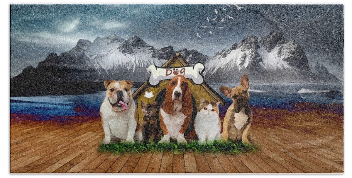 Dog Beach Towel featuring the mixed media Dogs And Cats by Marvin Blaine