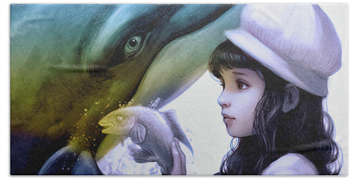 Beach House Beach Towel featuring the digital art Dolphin and the girl by Elaine Manley