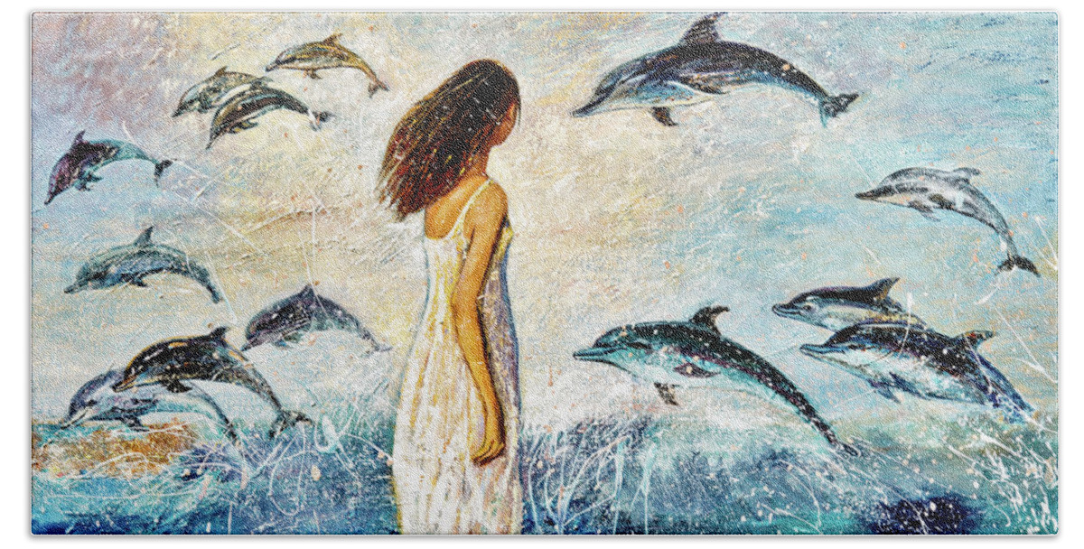 Dolphin Beach Towel featuring the painting Dolphin Bay by Shijun Munns