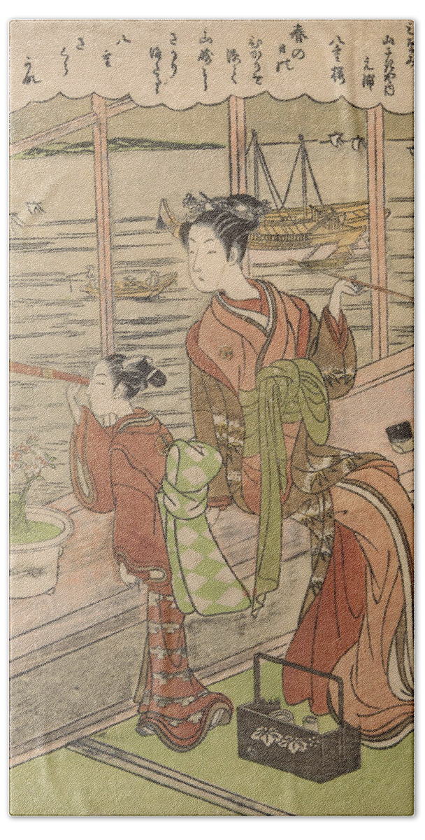 18th Century Art Beach Towel featuring the relief Double-Flowered Cherry - Motoura of the Minami Yamasakiya by Suzuki Harunobu