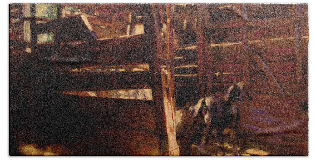 Goats Beach Towel featuring the painting Double Trouble in the Barn by Susan Blackwood