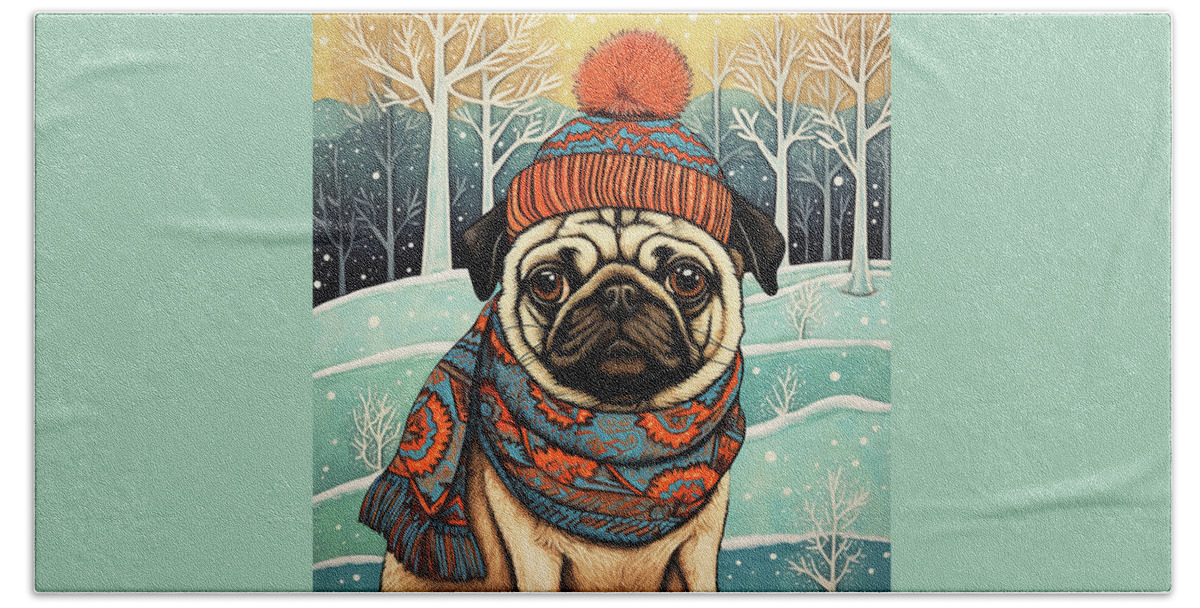 Pug Beach Towel featuring the digital art Dougie the Pug in Winter by Peggy Collins