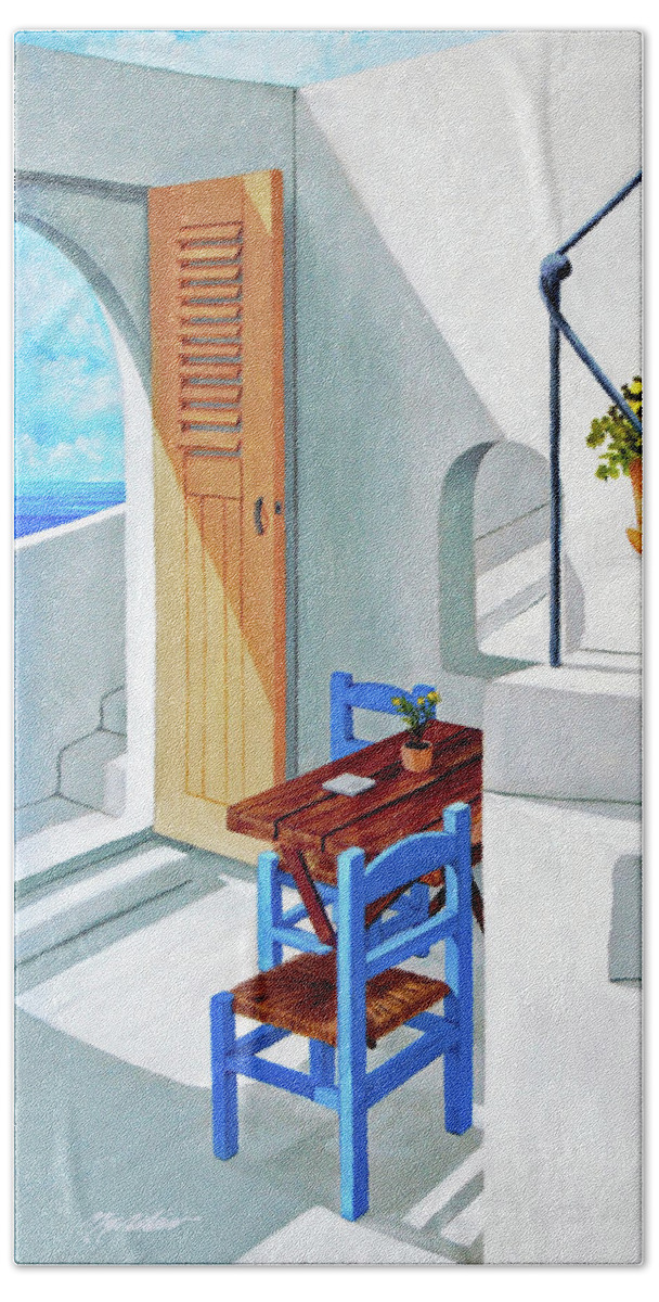 Santorini Greece Beach Towel featuring the painting DOWNSTAIRS IN SANTORINI-prints of oil painting by Mary Grden
