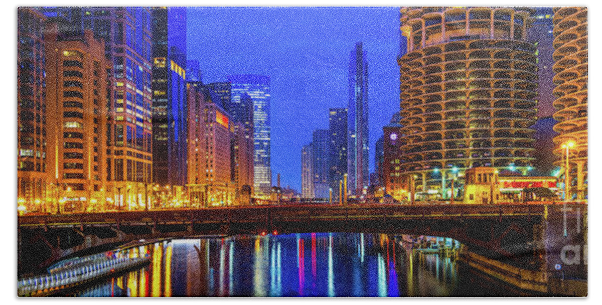 America Beach Towel featuring the photograph Downtown Chicago River Night Cityscape Ultra High Res Panoama Ph by Paul Velgos