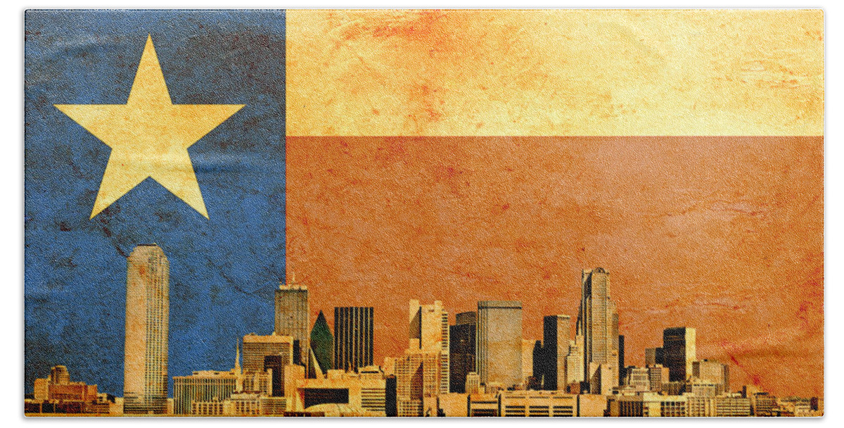 Dallas Beach Towel featuring the digital art Downtown Dallas skyline blended with the Texas flag and printed on old paper texture by Nicko Prints