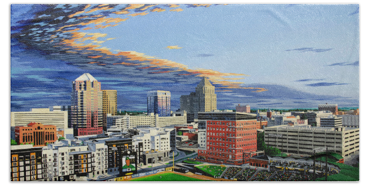 Cityscape Beach Towel featuring the painting Downtown Greensboro NC by John Gibbs