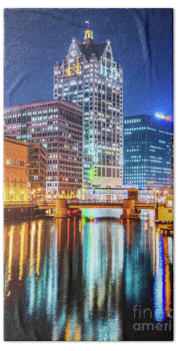 2017 Beach Towel featuring the photograph Downtown Milwaukee River Cityscape at Night Photo by Paul Velgos