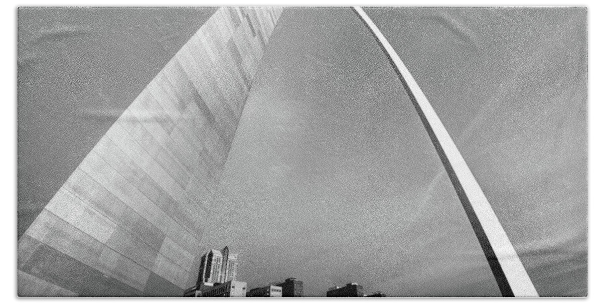America Beach Towel featuring the photograph Downtown Saint Louis Skyline Under the Arch - Black and White by Gregory Ballos