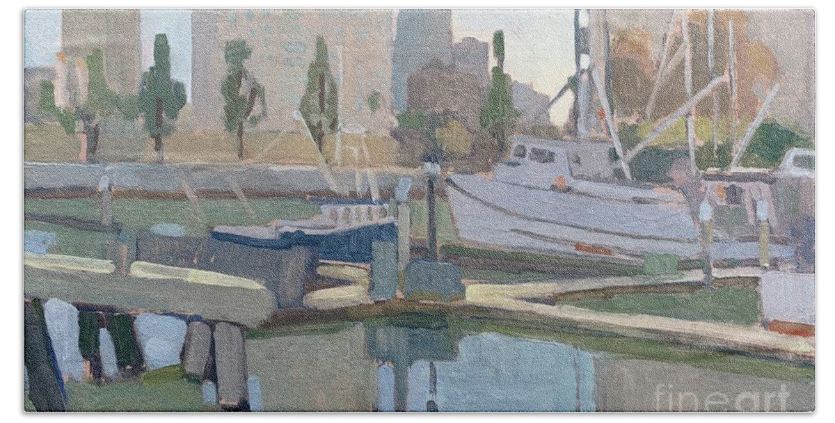 Fishing Boats Beach Towel featuring the painting Downtown San Diego Tuna Harbor by Paul Strahm