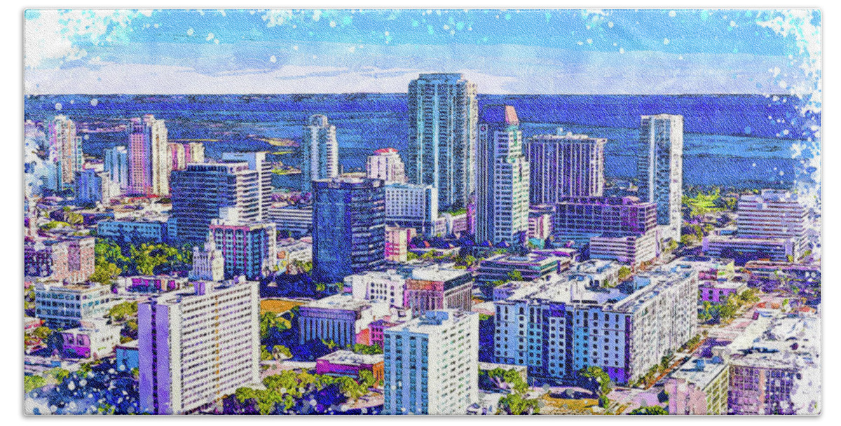 St. Petersburg Beach Towel featuring the digital art Downtown St. Petersburg, Florida - sketch painting by Nicko Prints