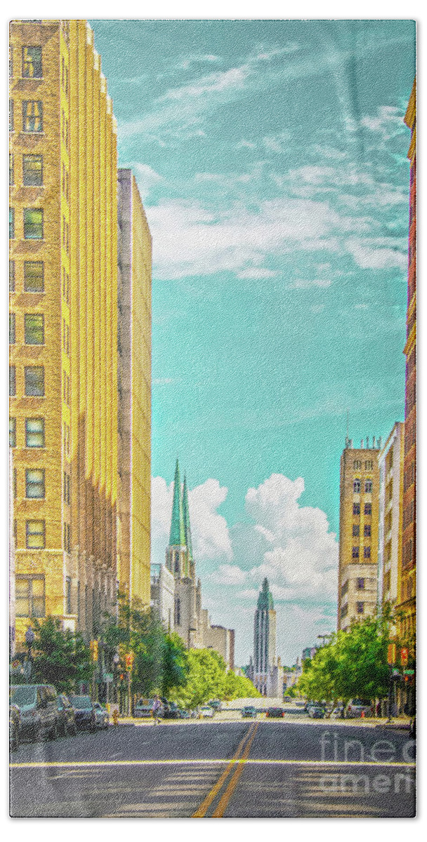 Main Street Beach Towel featuring the photograph Downtown Tulsa with turquoise sky - Modern and Art Deco building by Susan Vineyard