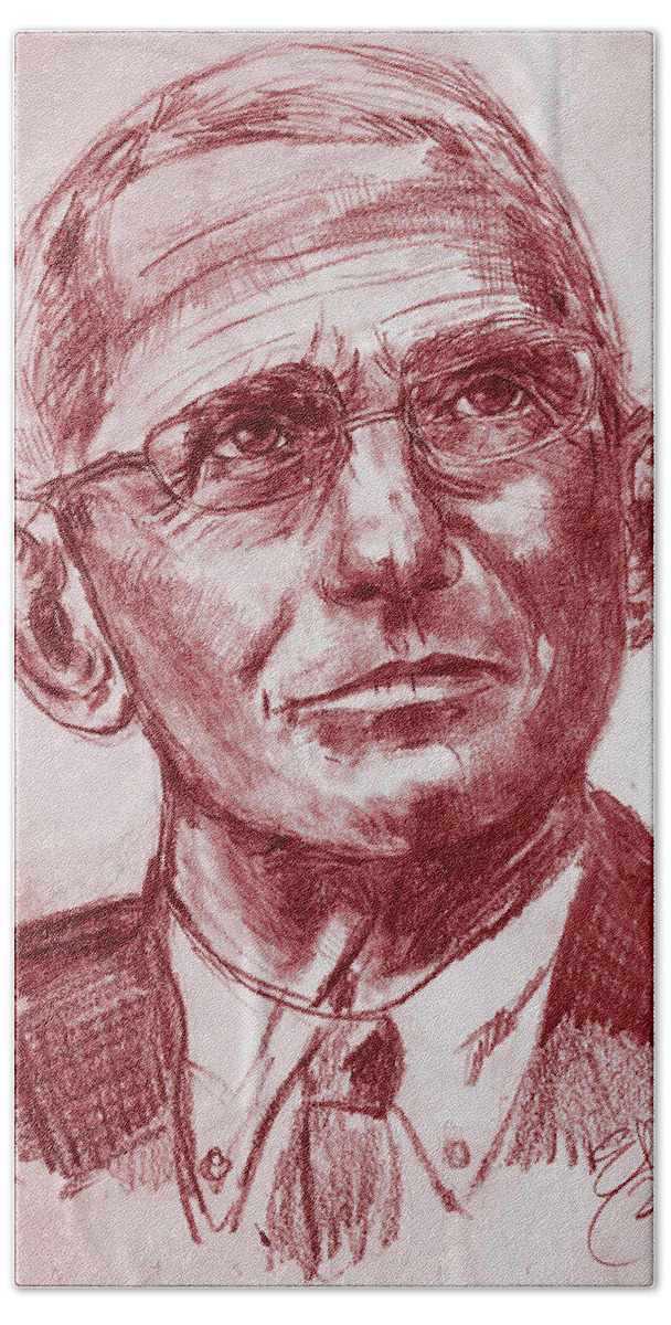 Fauci Beach Towel featuring the mixed media Dr Fauci -- red tint by Eileen Backman