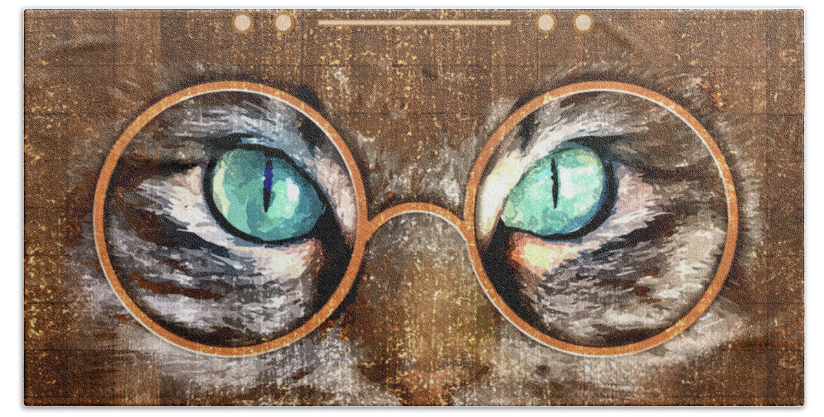 Dr Tj Ecklepurrg Beach Towel featuring the mixed media Dr. T. J. Ecklepurrg is watching you - Dr. T.J Eckleburg - The Great Gatsby - Cat with glasses 02 by Studio Grafiikka