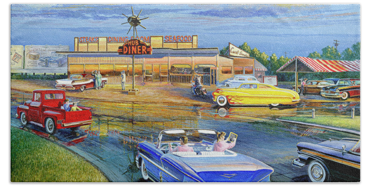 1958 Beach Towel featuring the painting Dragging the Circle - Hub Diner by Randy Welborn
