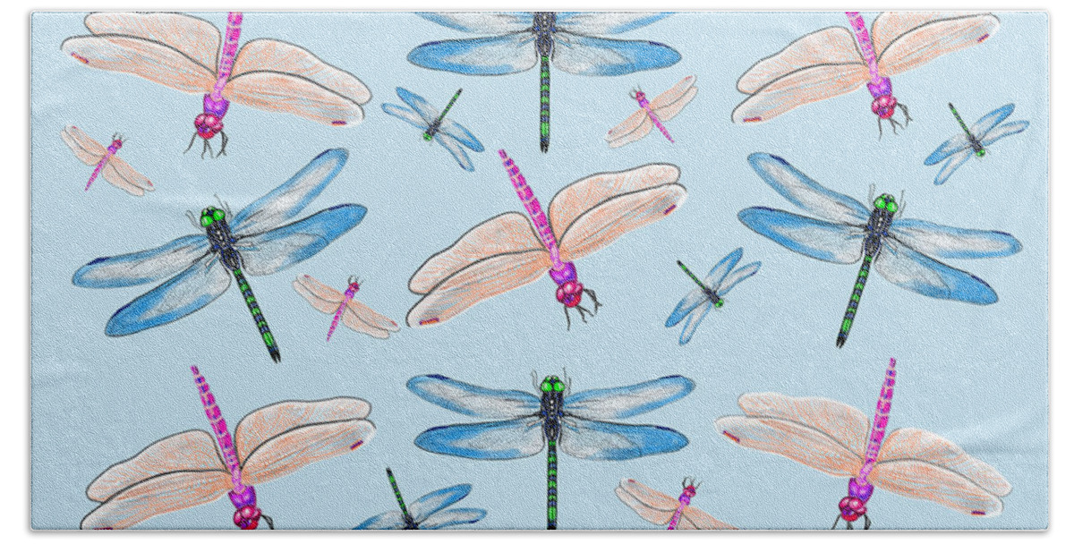 Dragonflies In Blue Sky By Judy Link Cuddehe Beach Towel featuring the mixed media Dragonflies in Blue Sky by Judy Link Cuddehe